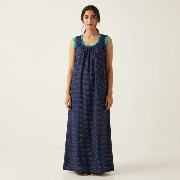 Navy_Cotton_Sleeveless_Polka_Dot_Sleepwear_Dress_For_Women