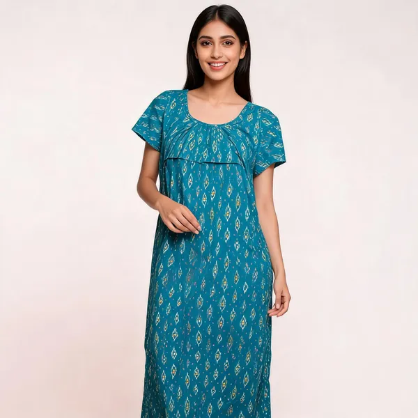 Teal_Cotton_Loose_Fit_Ikat_Print_Nighty_For_Women