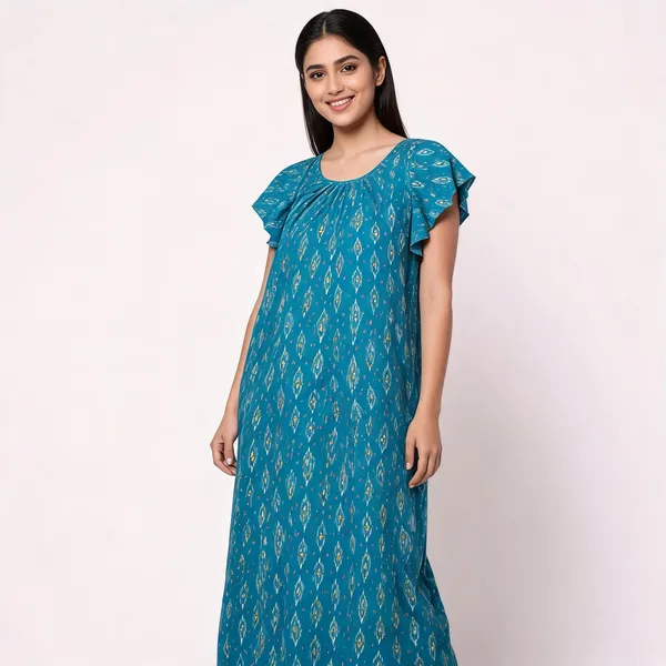 Teal_Cotton_Loose_Fit_Ikat_Print_Nighty_For_Women