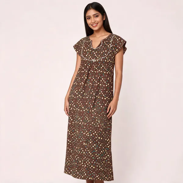 Brown_Cotton_Cap_Sleeve_Floral_Print_Nighty_For_Women