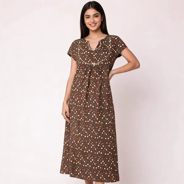 Brown_Cotton_Cap_Sleeve_Floral_Print_Nighty_For_Women