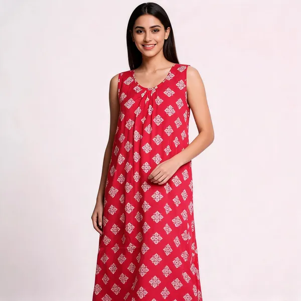 Pink_Cotton_Sleeveless_Ethnic_Print_Nighty_For_Women