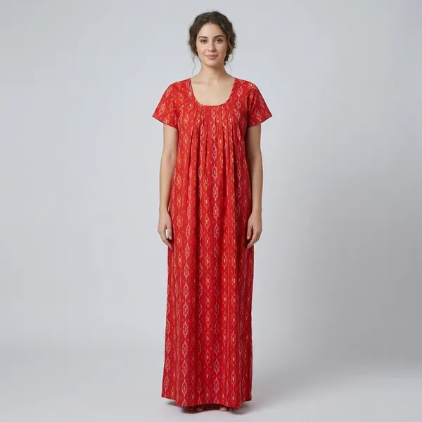 Red_Cotton_Relaxed_Fit_Ikat_Print_Nightgown_For_Women