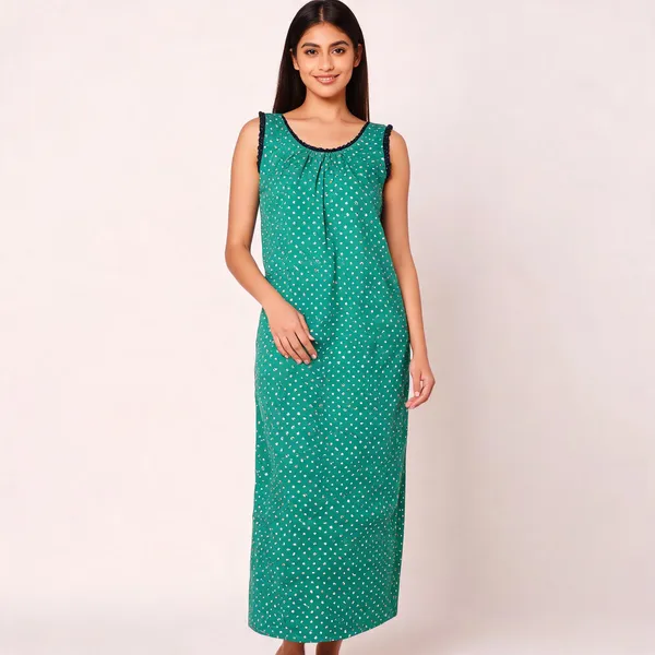 Green_Cotton_Sleeveless_Floral_Dot_Print_Nighty_For_Women