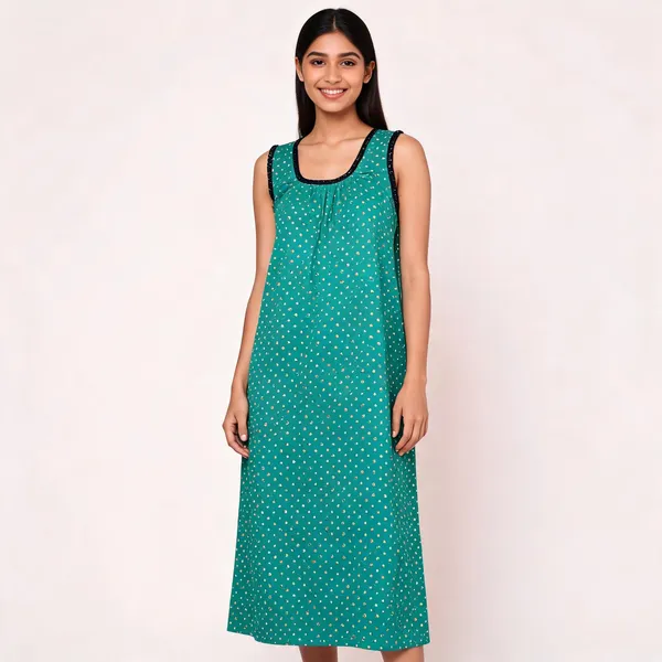 Green_Cotton_Sleeveless_Floral_Dot_Print_Nighty_For_Women