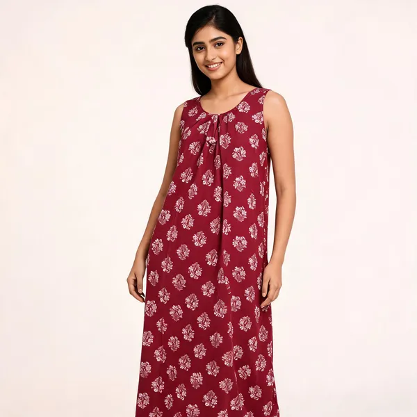 Maroon_Cotton_Sleeveless_Floral_Block_Print_Nighty_For_Women