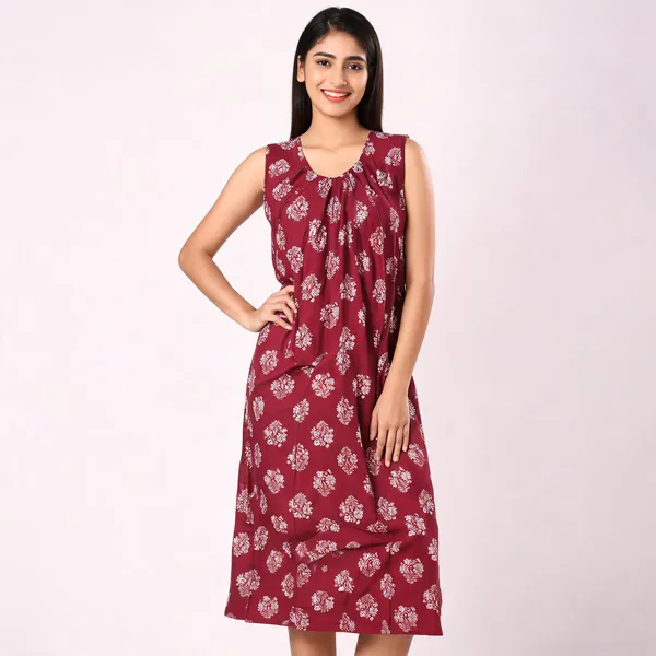 Maroon_Cotton_Sleeveless_Floral_Block_Print_Nighty_For_Women