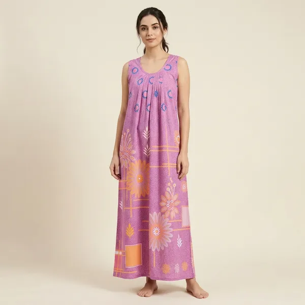 Purple_Cotton_Sleeveless_Floral_Print_Nighty_For_Women
