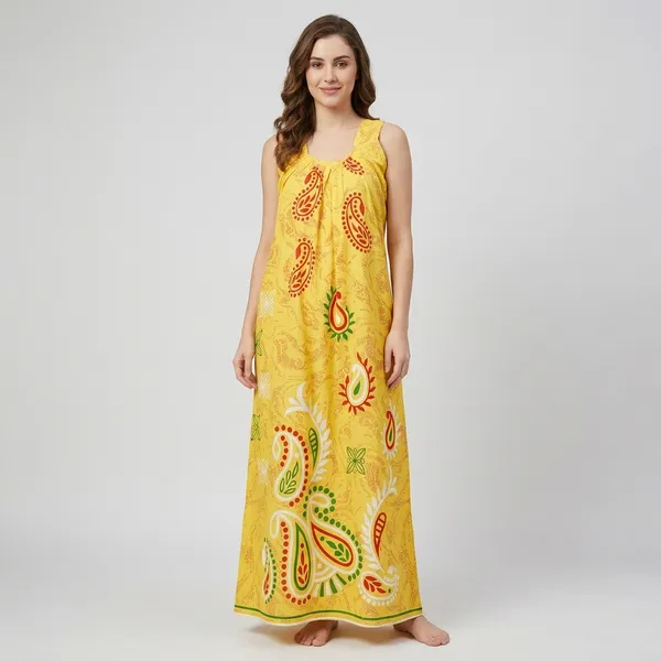Yellow_Cotton_Sleeveless_Paisley_Print_Nighty_For_Women