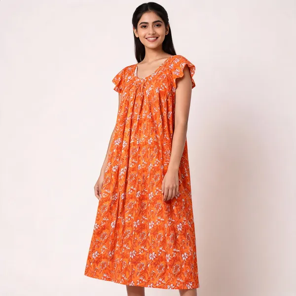 Orange_Cotton_Loose_Fit_Floral_Print_Nighty_For_Women