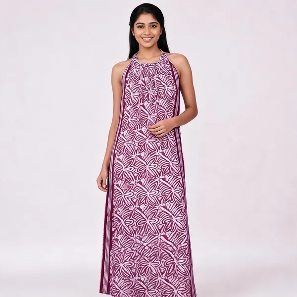 Maroon_Cotton_Halter_Neck_Floral_Batik_Print_Maxi_Dress_For_Women