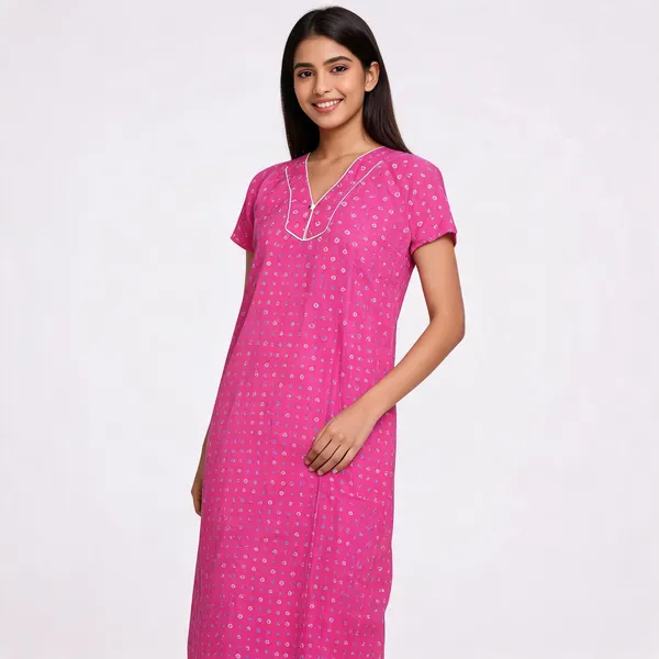 Pink_Cotton_Short_Sleeve_Floral_Print_Nighty_For_Women