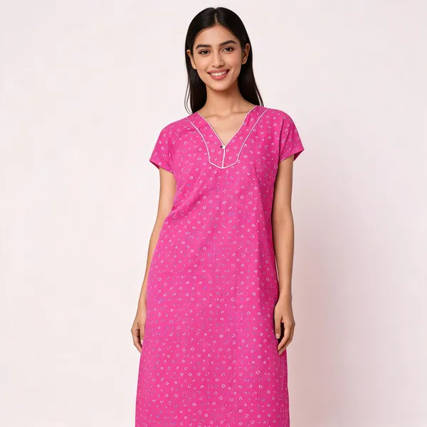 Pink_Cotton_Short_Sleeve_Floral_Print_Nighty_For_Women
