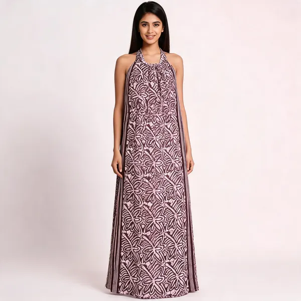 Brown_Cotton_Halter_Neck_Floral_Block_Print_Maxi_Dress_For_Women