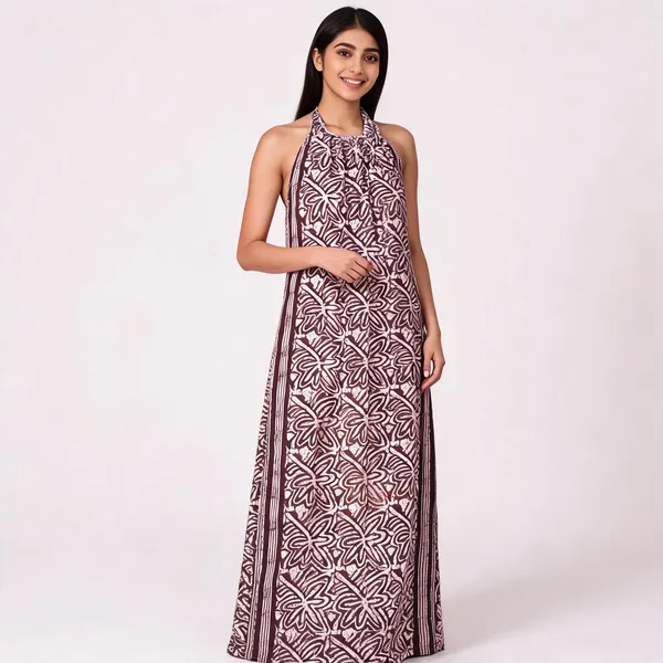 Brown_Cotton_Halter_Neck_Floral_Block_Print_Maxi_Dress_For_Women