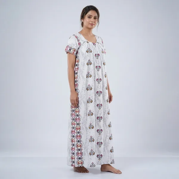 White_Cotton_Short_Sleeve_Floral_Print_Nightdress_For_Women