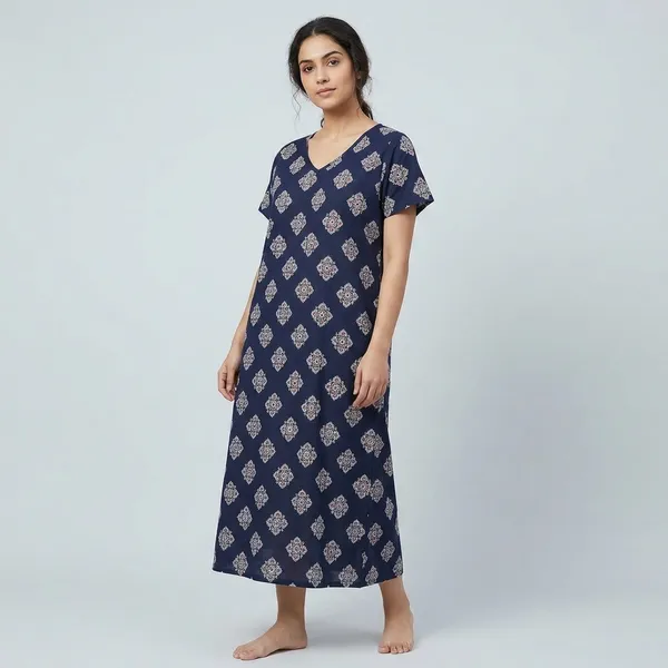 Black_Cotton_Sleeveless_Ethnic_Print_Nightdress_For_Women