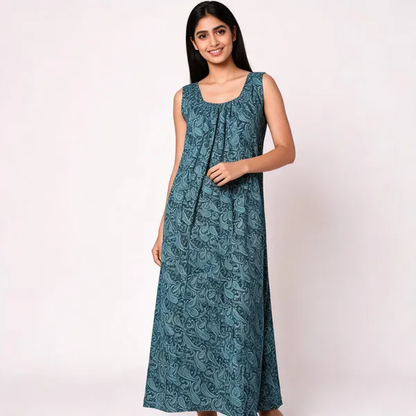 Teal_Cotton_Sleeveless_Paisley_Print_Maxi_Nighty_For_Women