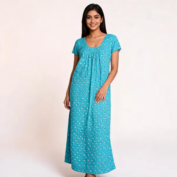 Turquoise_Cotton_Floral_Print_Nighty_For_Women