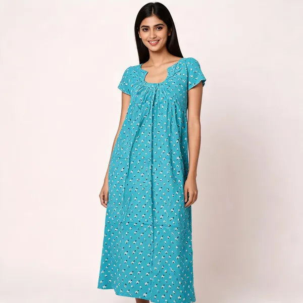Turquoise_Cotton_Floral_Print_Nighty_For_Women