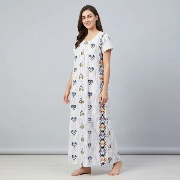 White_Cotton_A-Line_Ethnic_Border_Print_Nighty_For_Women