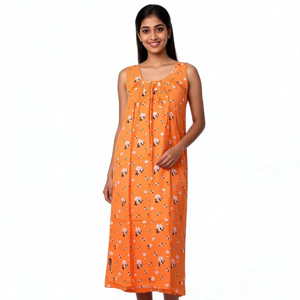 Orange_Cotton_Floral_Print_Sleeveless_Nighty_For_Women