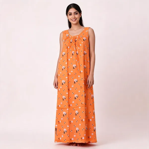 Orange_Cotton_Floral_Print_Sleeveless_Nighty_For_Women