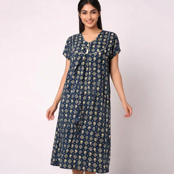 Navy_Blue_Cotton_Paisley_Print_Sleepwear_Nighty_For_Women