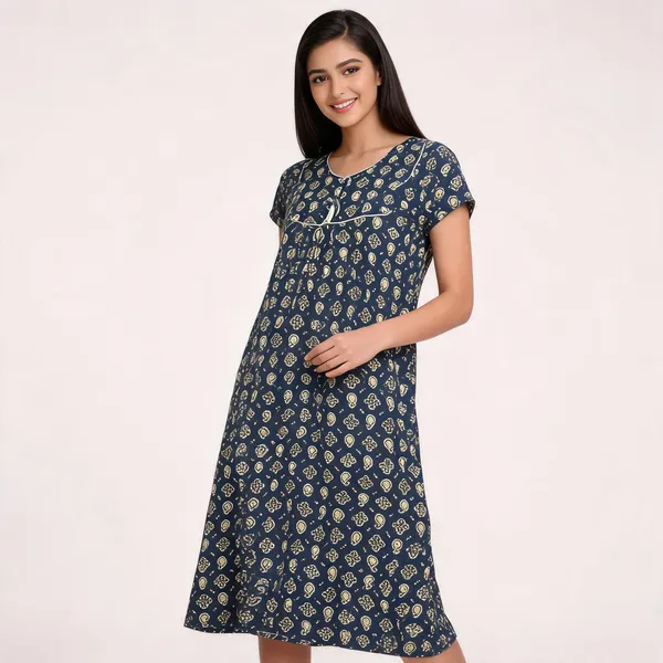 Navy_Blue_Cotton_Paisley_Print_Sleepwear_Nighty_For_Women