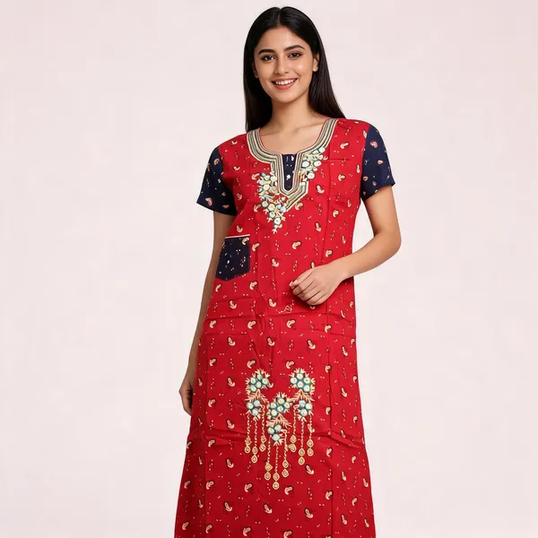 Red_Cotton_Printed_Embroidered_Nighty_For_Women