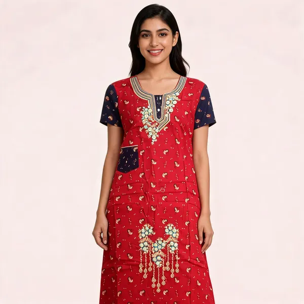 Red_Cotton_Printed_Embroidered_Nighty_For_Women