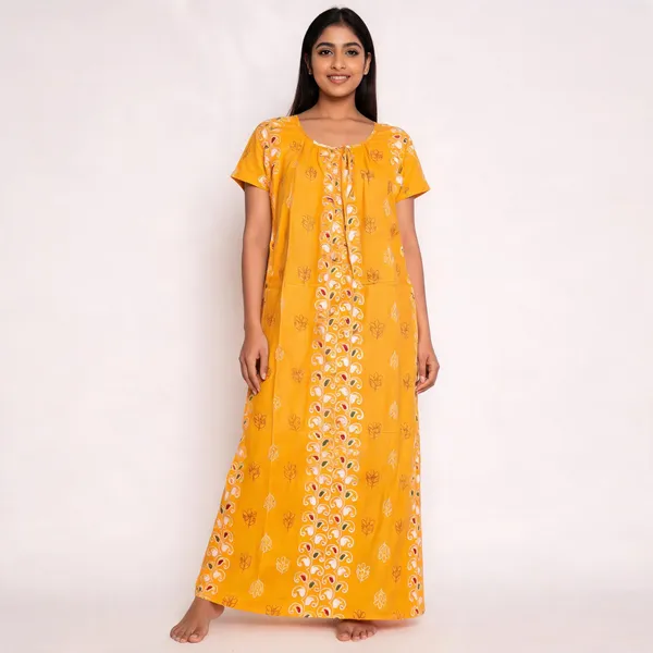Yellow_Cotton_Printed_Sleeveless_Maxi_Nighty_For_Women