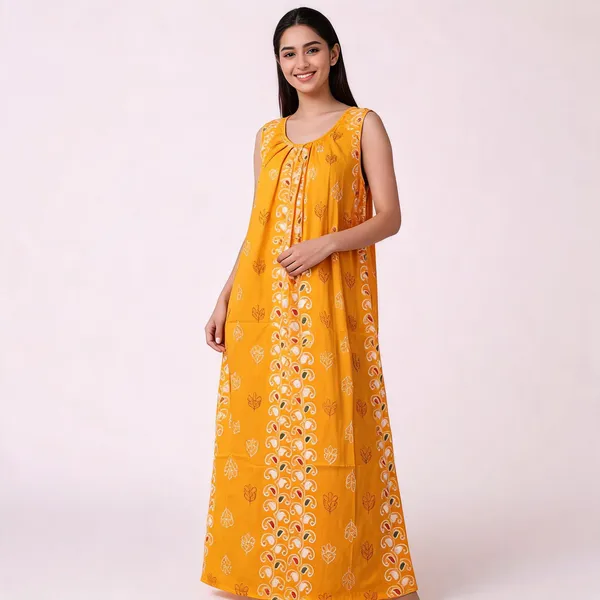 Yellow_Cotton_Printed_Sleeveless_Maxi_Nighty_For_Women