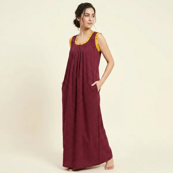 Maroon_Cotton_Polka_Dot_Sleeveless_Nighty_For_Women