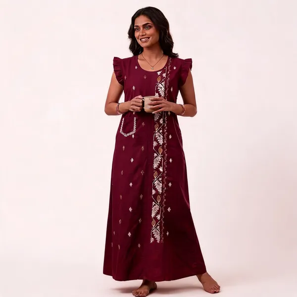 Maroon_Cotton_Embroidered_Flutter_Sleeve_Nighty_For_Women