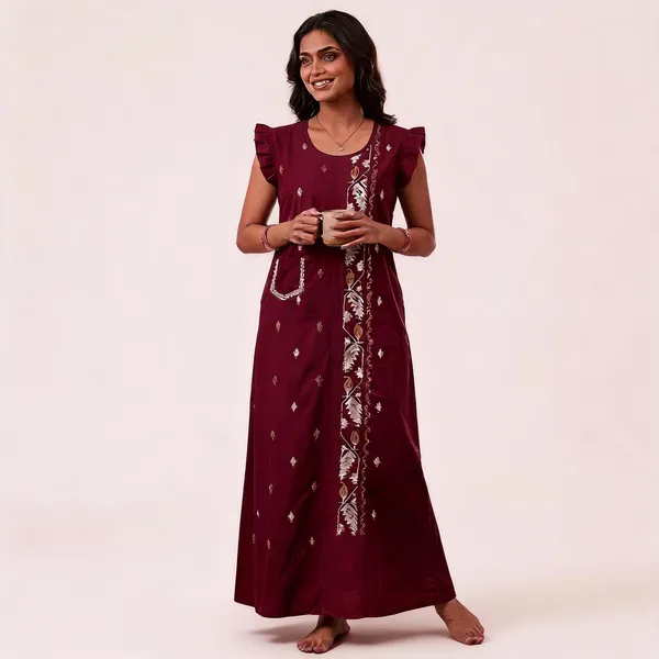 Maroon_Cotton_Embroidered_Flutter_Sleeve_Nighty_For_Women