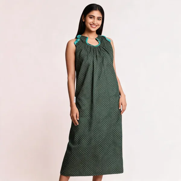 Green_Cotton_Polka_Dot_Sleeveless_Nighty_For_Women