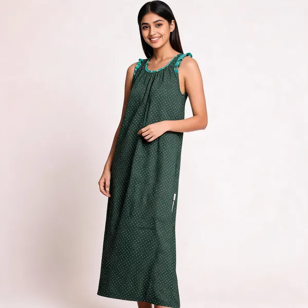 Green_Cotton_Polka_Dot_Sleeveless_Nighty_For_Women