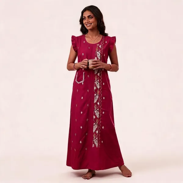 Maroon_Cotton_Embroidered_Ruffle_Sleeve_Nighty_For_Women