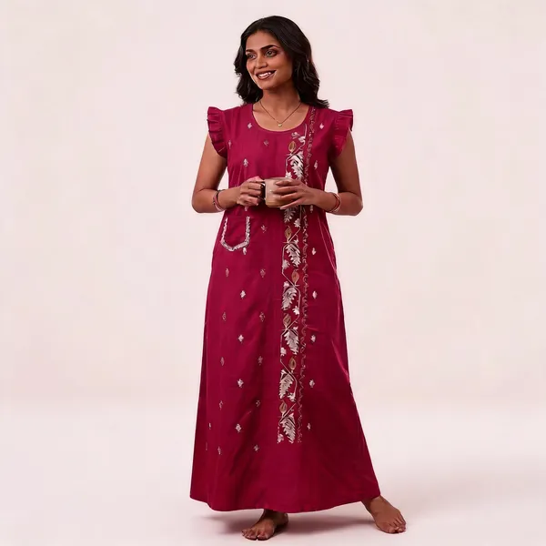 Maroon_Cotton_Embroidered_Ruffle_Sleeve_Nighty_For_Women