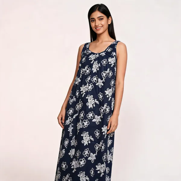 Navy_Blue_Cotton_Floral_Print_Sleeveless_Nightdress_For_Women