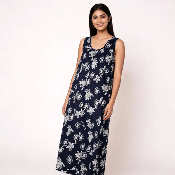 Navy_Blue_Cotton_Floral_Print_Sleeveless_Nightdress_For_Women