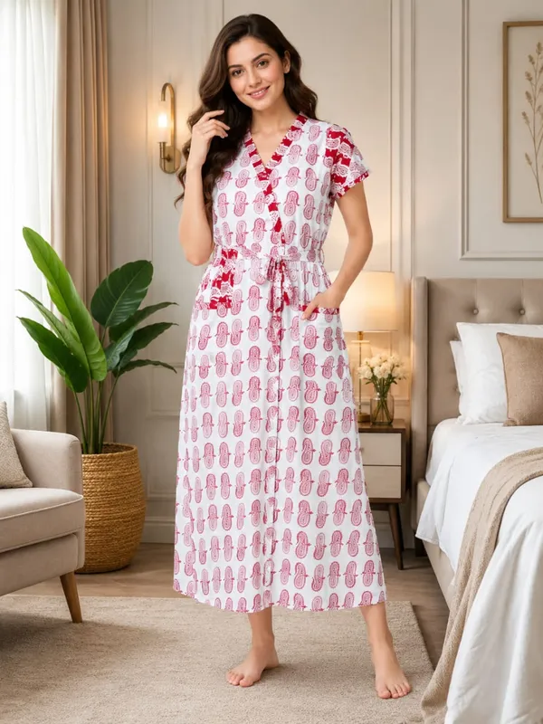 White_Cotton_Floral_Print_Wrap_Style_Night_Dress_For_Women