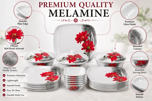 White_Melamine_Floral_Print_Square_Dinnerware_Set_
