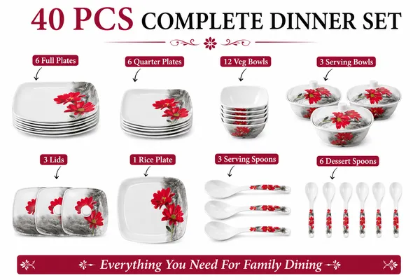 White_Melamine_Floral_Print_Square_Dinnerware_Set_