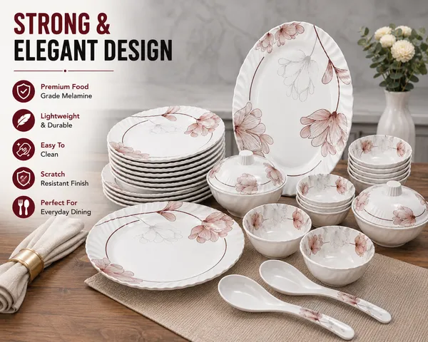 White_Melamine_Floral_Print_Dinner_Set_with_Serving_Bowl_and_Spoon