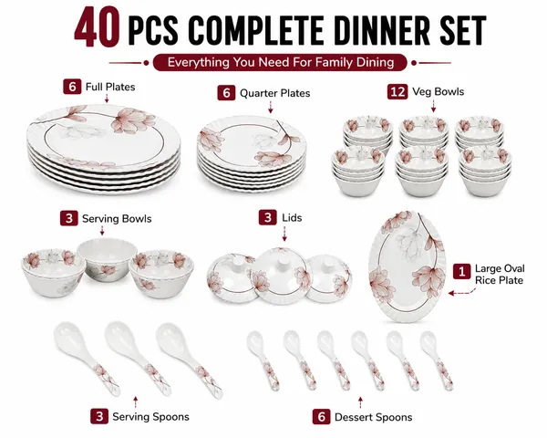 White_Melamine_Floral_Print_Dinner_Set_with_Serving_Bowl_and_Spoon
