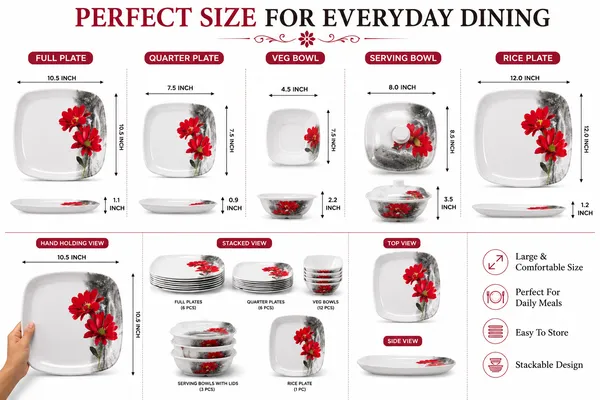White_Melamine_Floral_Print_Square_Dinnerware_Set_