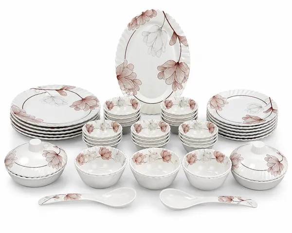 White_Melamine_Floral_Print_Dinner_Set_with_Serving_Bowl_and_Spoon
