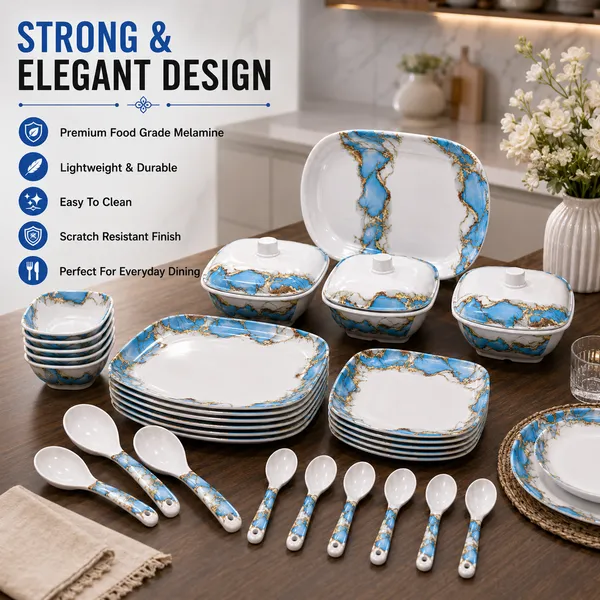White_Blue_Marble_Pattern_Dinnerware_Set_with_Golden_Accents